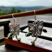 Peridot + Green Tsavorite Garnet Natural Gemstone Dragonfly Filigree Drop Dangle Hook .925 Sterling Silver Stamped Earrings