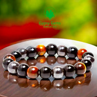 Triple Protection - Tiger Eye Red + Black Onyx + Hematite Custom Size Round Smooth Stretch (10mm Grande Large) Natural Gemstone Crystal Energy Bead Bracelet