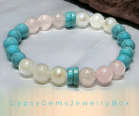 Turquoise - Blue Frost Matte + Rainbow Moonstone + Rose Quartz “Rise Above” Round Stretch (8mm) Natural Gemstone Crystal Energy Bead Bracelet