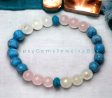 Turquoise - Dark Blue Frost Matte + Rainbow Moonstone + Rose Quartz Custom Size “Rise Above” Round Stretch (8mm) Natural Gemstone Crystal Energy Bead Bracelet