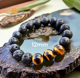 Lava Stone•Black Lava Rock + Tiger Eye Aromatherapy Custom Size Round Stretch (12mm Grandi X-Large) Natural Gemstone Crystal Energy Bead Bracelet