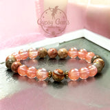 Quartz - Cherry Watermelon Pink Quartz•Pink Fossil Jasper•Pyrite Spacers•Custom Size Round Smooth Stretch  (8mm) Natural Gemstone Crystal Energy Bead Bracelet