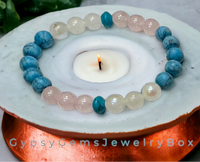 Turquoise - Dark Blue Frost Matte + Rainbow Moonstone + Rose Quartz Custom Size “Rise Above” Round Stretch (8mm) Natural Gemstone Crystal Energy Bead Bracelet