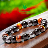 Triple Protection - Tiger Eye Red + Black Onyx + Hematite Custom Size Round Smooth Stretch (10mm Grande Large) Natural Gemstone Crystal Energy Bead Bracelet