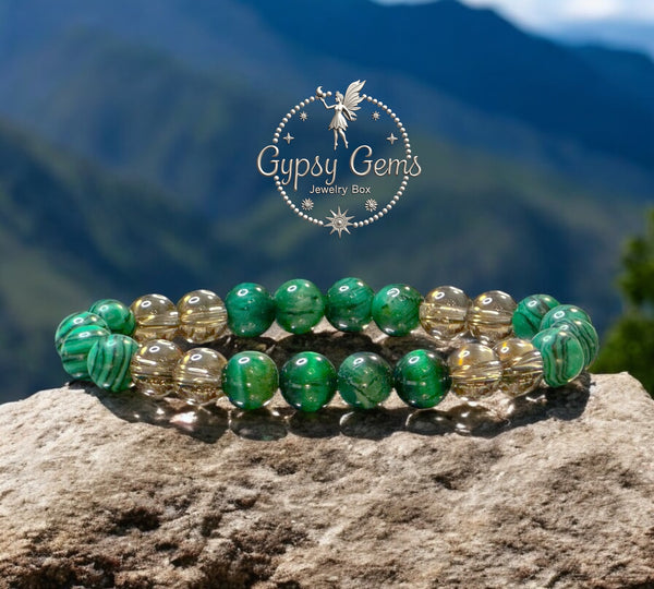 Handmade Stretch Bracelet With 10mm Green Malachite Beads | Natural Gemstone