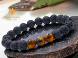 Lava Stone•Black Lava Rock + Tiger Eye Aromatherapy Custom Size Round Stretch (8mm) Natural Gemstone Crystal Energy Bead Bracelet