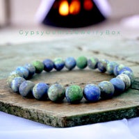 Azurite Blue Green•Custom Size•Frost Matte Rustic Round Stretch (8mm) Natural Gemstone Crystal Energy Bead Bracelet