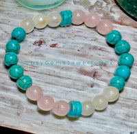 Turquoise - Blue Turquoise, Rainbow Moonstone, Rose Quartz - “Rise Above” - Custom Size, Round Smooth Stretch (8mm) Natural Gemstone Crystal Energy Bead Bracelet