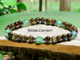 Wood Element Bracelet•Green Aura Crystal, Tiger Eye•Custom Size•Stretch•Minimalist (6mm) Natural Gemstone Crystal Energy Bead Bracelet