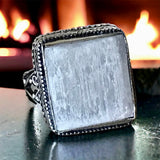 Selenite Natural Gemstone .925 Sterling Silver Statement Ring (Size 9)