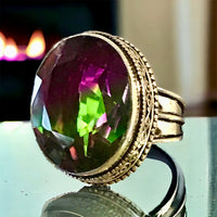 Tourmaline Bi-Color Watermelon Dichroic Natural Gemstone .925 Sterling Silver Faceted Oval Statement Ring (Size: 8.75)