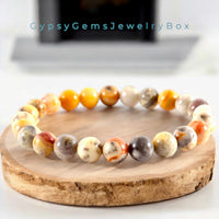 Agate - Crazy Lace Agate•Yellow•Brown•Orange•Custom Size•Round Smooth Stretch (8mm) Natural Gemstone Crystal Energy Bead Bracelet