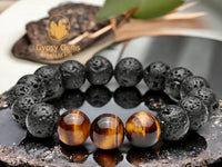 Lava Stone•Black Lava Rock + Tiger Eye Aromatherapy Custom Size Round Stretch (8mm) Natural Gemstone Crystal Energy Bead Bracelet