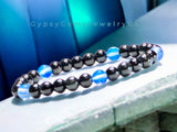 Water Element Bracelet•Blue Aura Crystal, Black Onyx•Minimalist (6mm) •Custom Size•Round Smooth Stretch Natural Gemstone Crystal Energy Bead Bracelet