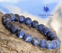 Sodalite (Dark Blue) Matte Rustic Custom Size Round Stretch (8mm) Natural Gemstone Crystal Energy Bead Bracelet