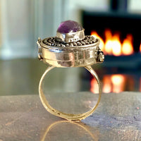 Amethyst Natural Gemstone .925 Sterling Silver Locket Poison Ring (Size 8)