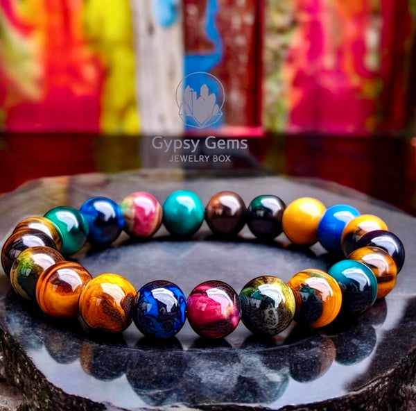 Tiger’s Eye - Rainbow Galaxy Multi-Color Unicorn Tiger’s Eye•Custom Size Round Smooth Stretch (8mm) Natural Gemstone Crystal Energy Bead Bracelet