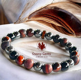 Triple Protection - Tiger Eye Red + Black Obsidian + Hematite + Rose Wood Custom Size Round Smooth Stretch (8mm) Natural Gemstone Crystal Energy Bead Bracelet