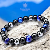 Triple Protection - Tiger Eye Royal Blue + Black Onyx + Hematite Custom Size Round Smooth Stretch (8mm or 10mm beads) Natural Gemstone Crystal Energy Bead Bracelet