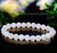 Quartz - Snow White Fire & Ice Crackle Crystal Round Smooth Stretch  (8mm) Natural Gemstone Crystal Energy Bead Bracelet