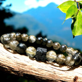 Quartz - Black Tibetan Himalayan Phantom Quartz Crystal with Lava Stone Rock Aromatherapy Stretch Energy Bead Bracelet