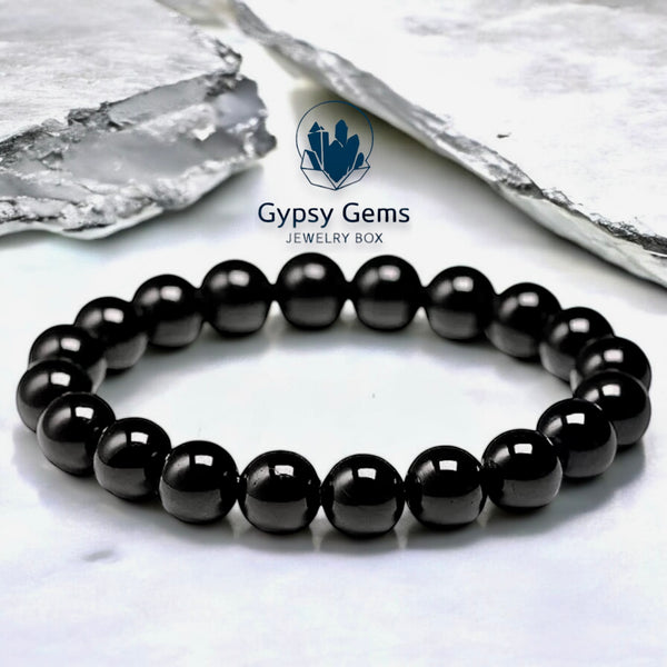 Tourmaline - Black Custom Size Round Smooth Stretch (8mm) Natural Gemstone Crystal Energy Bead Bracelet