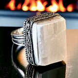 Selenite Natural Gemstone .925 Sterling Silver Statement Ring (Size 7.75)
