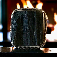 Tourmaline Black Raw Square Natural Gemstone .925 Sterling Silver Statement Ring (Size 7)