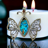 Turquoise - Copper Turquoise Natural Gemstone Marquise Butterfly Scroll Beaded Filigree .925 Sterling Silver Stamped Pendant