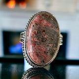 Jasper Leopard Skin Natural Gemstone .925 Sterling Silver Oval Statement Ring (Size 9)