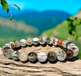 Quartz - Lodolite Garden Phantom Quartz - aka: Scenic Quartz, Landscape Quartz, Garden Quartz, and Phantom Quartz - Custom Size (8mm) Round Stretch Natural Gemstone Crystal Energy Bead Bracelet