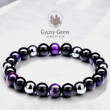 Triple Protection - Tiger Eye Purple + Black Onyx + Hematite Custom Size Round Smooth Stretch (8mm) Natural Gemstone Crystal Energy Bead Bracelet