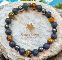 Triple Protection - Tiger Eye Yellow + Hematite + Lava Stone + Rose Wood Custom Size Round Smooth Stretch (8mm Regular Size beads or 10mm Grande Large) Natural Gemstone Crystal Energy Bead Bracelet