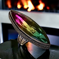 Tourmaline Tri-Color - Multi Color Rainbow Dichroic Natural Gemstone .925 Sterling Silver Double Point Statement Ring (Size: 9.5)