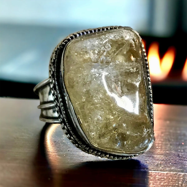 Citrine Natural Gemstone .925 Sterling Silver Statement Nugget Ring (Size 9)