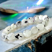 Moonstone - Rainbow Moonstone with Black Tourmaline Rutile inclusions Nugget Series Custom Size Stretch (8 - 10mm) Irregular Shape Smooth Natural Gemstone Crystal Energy Bead Bracelet