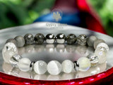 Metal Element Bracelet•Selenite, Silver Hematite, Angel Aura, Moonstone, Cracked Quartz, Gray Agate, Gray Druzy, Mapstone Jasper, Larvakite • Custom Size - Round Smooth Stretch (8mm) Natural Gemstone Crystal Energy Bead Bracelet