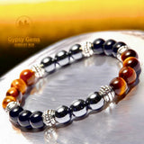 Triple Protection - Tiger Eye Yellow Golden Brown + Black Onyx + Hematite - “Power of Three”, Custom Size Round Smooth Stretch (8mm) Natural Gemstone Crystal Energy Bead Bracelet