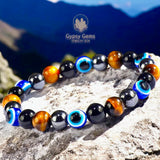 Triple Protection - Tiger Eye Yellow + Evil Eyes + Black Obsidian + Hematite Custom Size Round Smooth Stretch (8mm) Natural Gemstone Crystal Energy Bead Bracelet