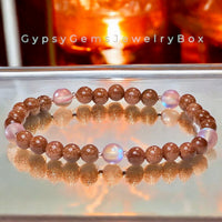 Goldstone Sandstone Gold Orange & Aura Crystal•Minimalist (6mm)•Custom Size•Round Smooth Stretch Natural Gemstone Crystal Energy Bracelet