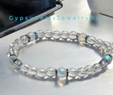 Metal Element Bracelet•Clear Quartz Crystal•Angel Aura Crystal•Silver Hematite Hexagon Spacers•Custom Size•Minimalist (6mm) Round Smooth Stretch Natural Gemstone Crystal Energy Bead Bracelet