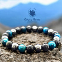 Triple Protection - Tiger Eye Teal Blue + Black Onyx + Hematite Custom Size Round Smooth Stretch (8mm or 10mm beads) Natural Gemstone Crystal Energy Bead Bracelet