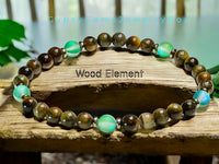 Wood Element Bracelet•Green Aura Crystal, Tiger Eye•Custom Size•Stretch•Minimalist (6mm) Natural Gemstone Crystal Energy Bead Bracelet