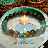 Wood Element Bracelet•Green & Brown Aura Crystal, Smokey Quartz, Burma Jade, Dragons Vein, Aventurine, Malachite, Carnelian, Bronzite, Coffee Jasper, Brown Lava, Rudraksha• Custom Size•Stretch (8mm) Natural Gemstone Crystal Energy Bead Bracelet