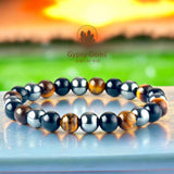 Triple Protection - Tiger Eye Yellow + Black Onyx + Hematite Custom Size Round Smooth Stretch (8mm or 10mm beads) Natural Gemstone Crystal Energy Bead Bracelet