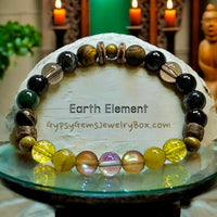 Earth Element Bracelet • Blue & Brown Aura Crystal, Lime Jade, Citrine, Olive Wood, Coconut Wood, Blue Tiger Eye, Moss Agate, Green Goldstone, Golden Tiger Eye, Smokey Quartz • Custom Size - Stretch (8mm) Natural Gemstone Crystal Energy Bead Bracelet