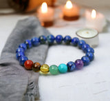 7 CHAKRA & Lapis Lazuli Custom Size Round Smooth Stretch (8mm) Natural Gemstone Crystal Energy Bead Bracelet