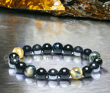 Triple Protection - Tiger’s Eye Dream Honey Yellow + Black Onyx + Hematite Round Smooth Stretch (8mm or 10mm beads) Natural Gemstone Crystal Energy Bead Bracelet