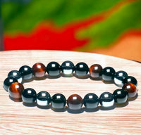 Triple Protection - Tiger Eye Red + Black Onyx + Hematite Custom Size Round Smooth Stretch (8mm) Natural Gemstone Crystal Energy Bead Bracelet