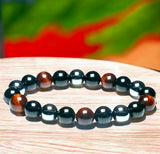 Triple Protection - Tiger Eye Red + Black Onyx + Hematite Custom Size Round Smooth Stretch (8mm) Natural Gemstone Crystal Energy Bead Bracelet